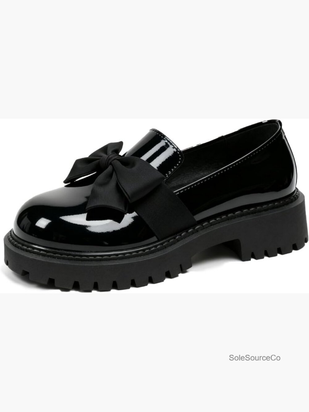 Patent Leather Chunky Heel Bow Loafers Platform Lug Sole Slip On